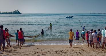 People pull in fishing nets