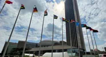 Flags outside the African Union headquarters in Addis Ababa, Ethiopia