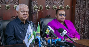 Photo caption: Hon Ambassador Dr Pindi H. Chana, the United Republic of Tanzania’s Minister of Constitutional and Legal Affairs, and Hon Haroun Ali Suleiman, Zanzibar's Minister for Constitution, Legal Affairs and Public Service, at the press conference