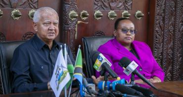 Photo caption: Hon Ambassador Dr Pindi H. Chana, the United Republic of Tanzania’s Minister of Constitutional and Legal Affairs, and Hon Haroun Ali Suleiman, Zanzibar's Minister for Constitution, Legal Affairs and Public Service, at the press conference