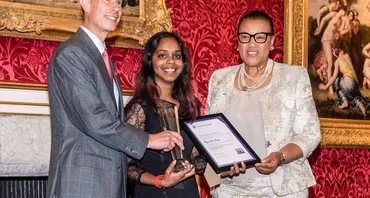 Maya Nanan, 2023 Commonwealth Youth Award Winner, with the Duke of Edinburgh and Commonwealth Secretary-General