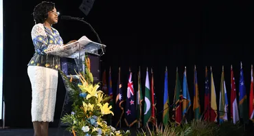 Secretary General Shirley Botchwey giving speech at Barbados