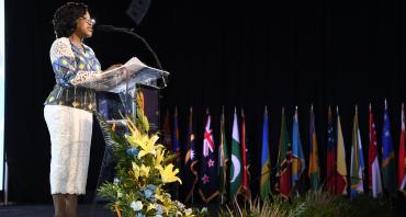 Secretary General Shirley Botchwey giving speech at Barbados
