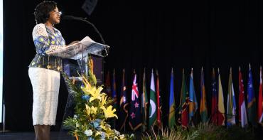 Secretary General Shirley Botchwey giving speech at Barbados