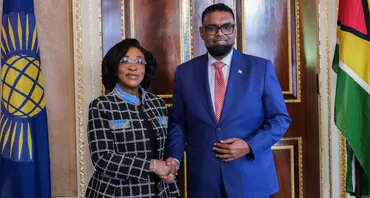 The Commonwealth Secretary-General, the Hon Shirley Botchwey, and His Excellency Dr Mohamed Irfaan Ali, President of the Co-operative Republic of Guyana