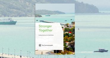 cover image of the 'Stronger Together' small states bulletin, which shows a tropical harbour city scene