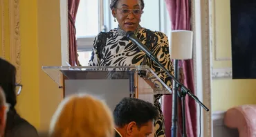 Commonwealth Secretary-General Shirley Botchwey speaking at the podium