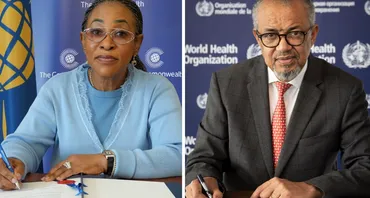 Commonwealth Secretary-General, Hon Shirley Botchwey, and the WHO Director-General, Dr Tedros Adhanom Ghebreyesus, signing an MOU