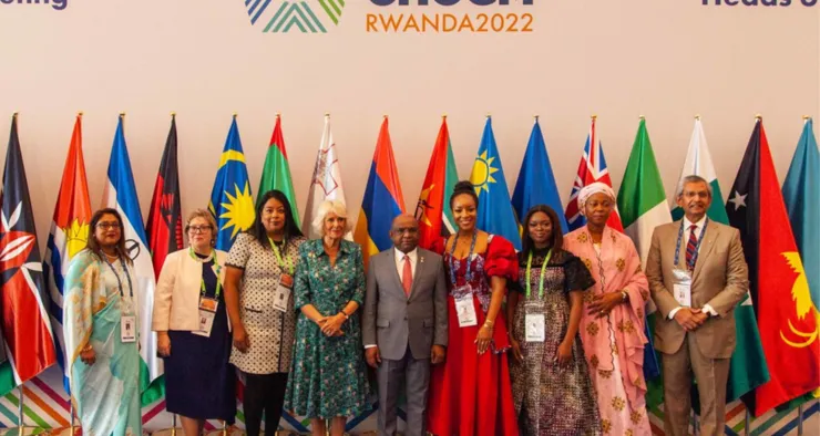 Group photo of Her Majesty The Queen with speakers at an event on ending violence against women and girls at CHOGM 2022 in Rwanda